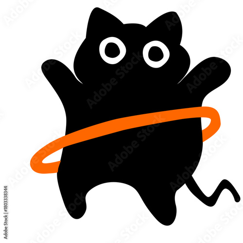 A black cat playing hula hoop. cartoon vector illustration