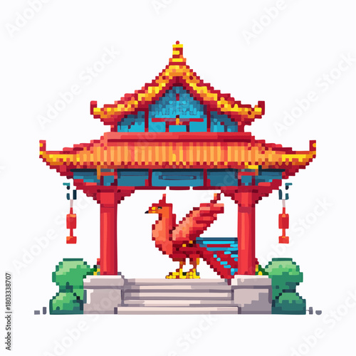 Pixel art illustration of a vibrant red phoenix bird inside a traditional Chinese pavilion with ornate details.