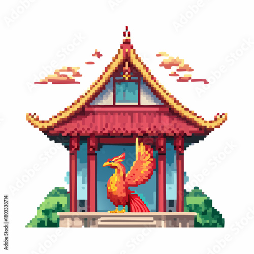 Pixel art depiction of a majestic phoenix statue inside a traditional red-roofed Asian pavilion, set against a backdrop of green hills and clouds.