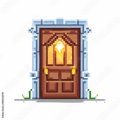 Pixel art wooden door with a glowing diamond window and ornate stone frame, featuring golden handles and small grass tufts.