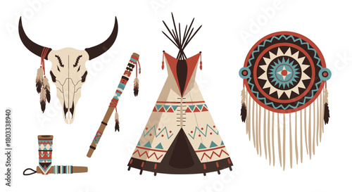 Collection of traditional Native American cultural items including a tipi, bull skull, peace pipe, flute, and ceremonial shield on a white background.