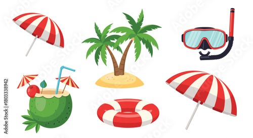 A vibrant collection of summer and beach items, including umbrellas, palm trees, snorkel gear, a coconut drink, and a lifebuoy.