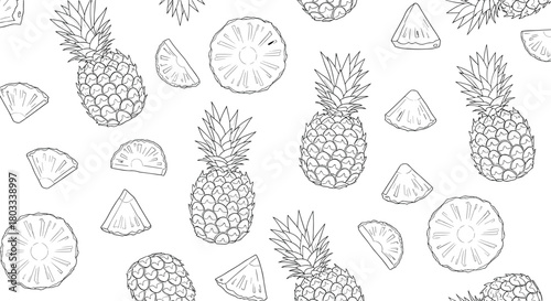 Monochromatic hand-drawn seamless pattern of tropical pineapples, featuring whole fruits, wedges, and circular slices on a crisp white background.