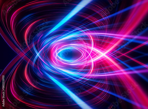 Abstract image featuring dynamic swirling pink and blue light trails converging to a bright center against a dark backdrop, creating a vortex effect.