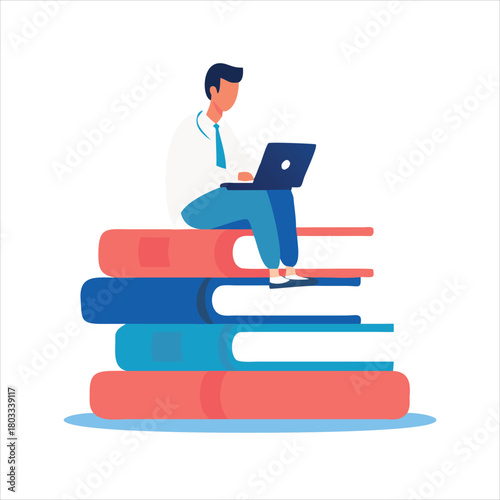 Tiny Medical Intern Male Character in White Robe Work on Laptop Sitting on Huge Books Pile Prepare for Examination, Learning and Studying. Student of Medicine Occupation. Cartoon Vector Illustration