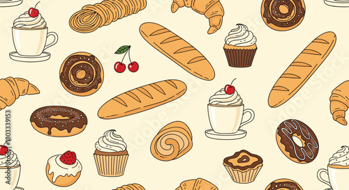 A delightful seamless pattern showcasing an assortment of freshly baked goods, sweet pastries, and coffee, ideal for bakery themes.