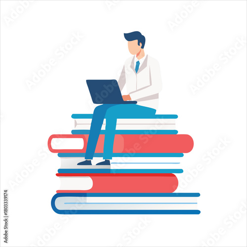 Tiny Medical Intern Male Character in White Robe Work on Laptop Sitting on Huge Books Pile Prepare for Examination, Learning and Studying. Student of Medicine Occupation. Cartoon Vector Illustration