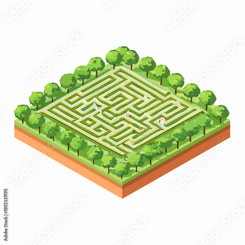 Isometric view of a green hedge maze with trees and grass, featuring a complex puzzle design.