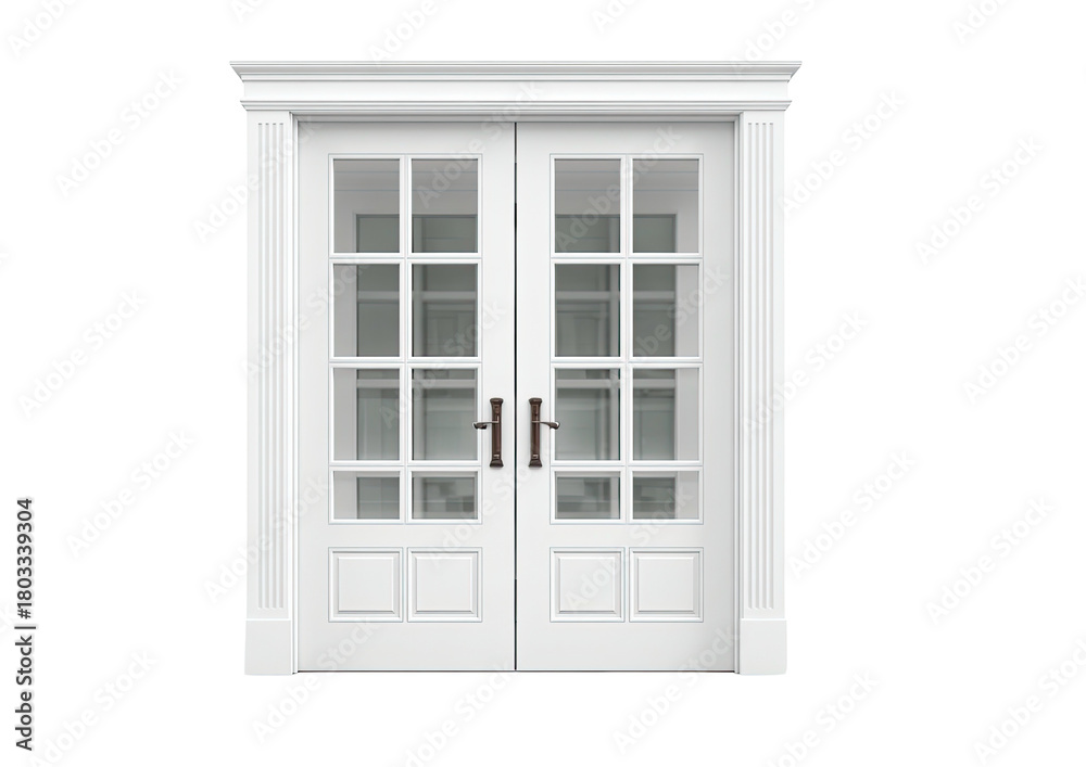 Fototapeta premium White framed, paneled glass double doors on black background