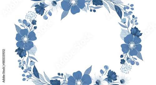 Elegant watercolor floral wreath design with blue flowers, leaves, and berries, forming an oval frame on a white background.