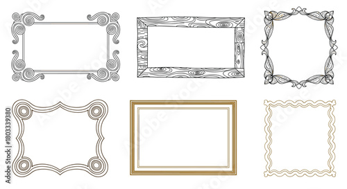 A diverse collection of six decorative empty frames in various styles, from elegant line art to solid gold, presented on a clean white background.