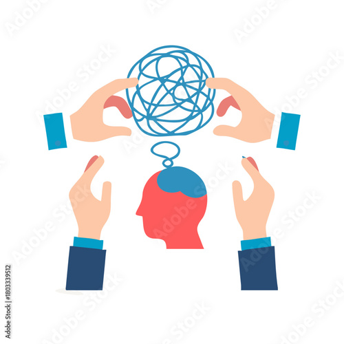 Halftone collage banner, three hands unraveling a ball of thread in the head, the concept of psychological help with white background.
