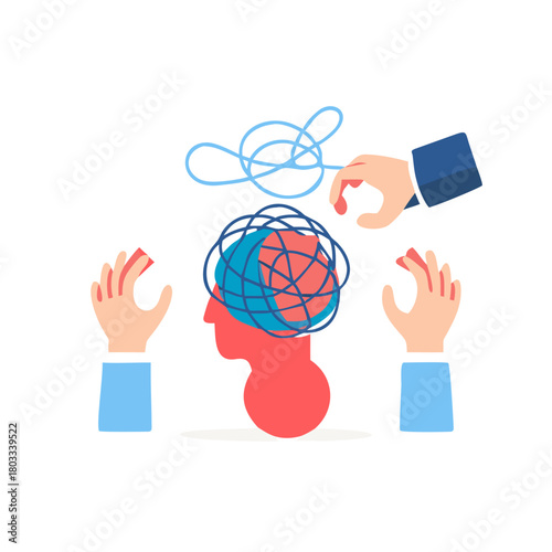 Halftone collage banner, three hands unraveling a ball of thread in the head, the concept of psychological help.
