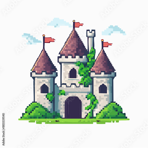 A pixel art illustration of a medieval castle with multiple towers, red flags, green ivy, and battlements, set against a white background with pixelated clouds.