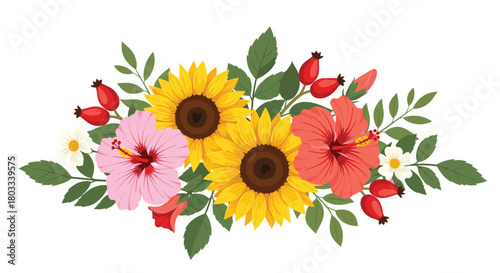 A vibrant floral arrangement featuring bright yellow sunflowers, pink and coral hibiscus, small white flowers, and red rose hips on a white background.