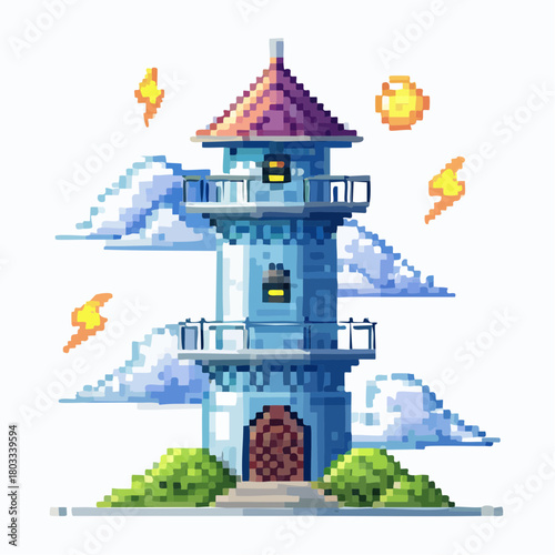 Detailed pixel art illustration of a blue lighthouse with a purple roof, surrounded by fluffy clouds and yellow lightning bolts.
