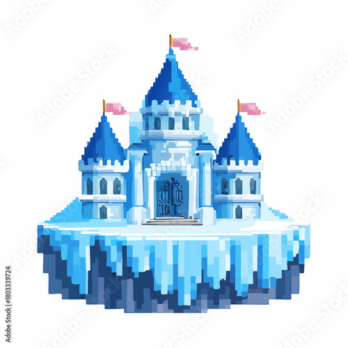Pixel art ice castle with blue turrets and pink flags, floating on an icy platform.