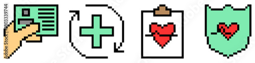 Set pixel health check up vector. Collection of 8 bit icons for medical examination, wellness, and preventative healthcare themes. Ideal for retro game assets and digital health interfaces.