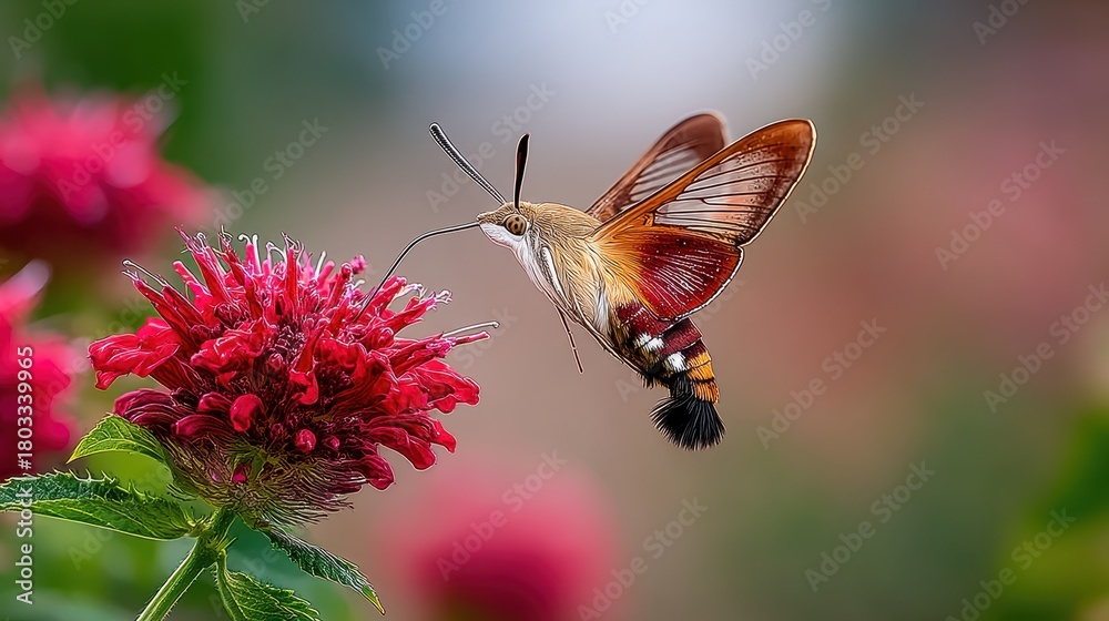 Obraz premium The Beauty of Nature: Butterfly in Flight Over a Blooming Flower with Soft Background