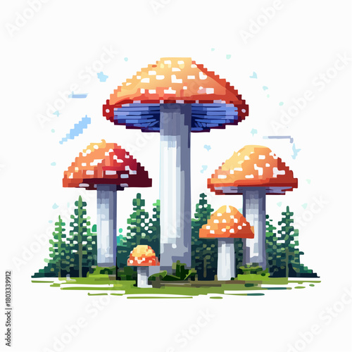 Vibrant pixel art illustration depicting a family of red and white spotted mushrooms nestled in a lush forest clearing with green trees and grass.