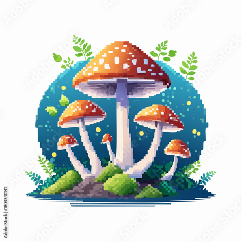 Vibrant pixel art illustration of a family of red and white spotted mushrooms growing on mossy ground with green foliage against a dark blue background.