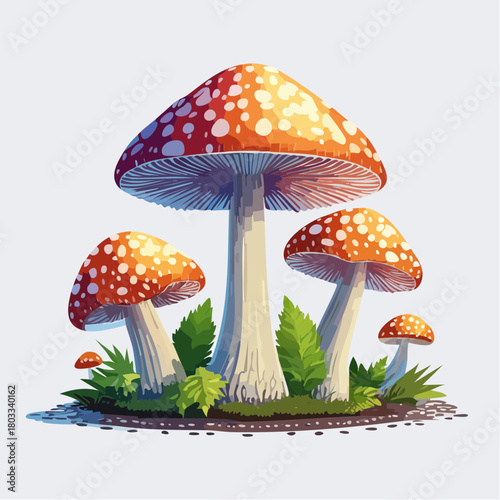 Vibrant illustration of red and white spotted mushrooms growing on a patch of green grass.