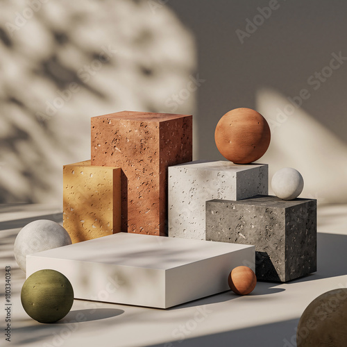 Modern Minimal Abstract Scene with Circular Backdrop and Textured Geometric Objects