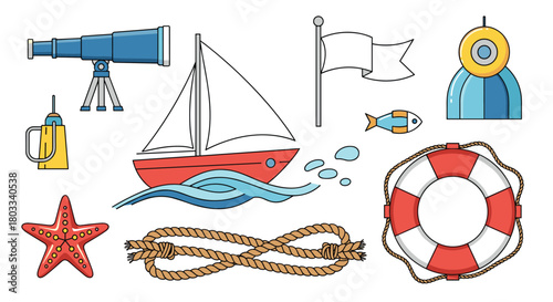 A collection of colorful nautical-themed objects including a sailboat, telescope, starfish, and lifebuoy, perfect for maritime adventures.