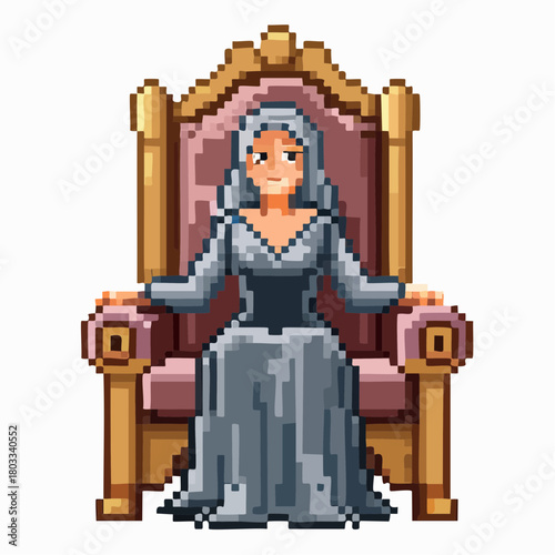 Pixel art illustration of a queen with long grey hair sitting regally on an ornate golden throne.