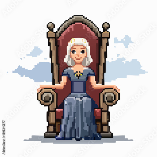 Pixel art illustration of a blonde queen sitting on an ornate throne, with a serene expression.
