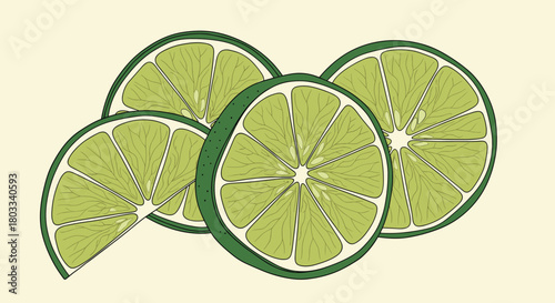 An artistic depiction of multiple bright green lime slices, highlighting their fresh and juicy appearance on a subtle cream backdrop.