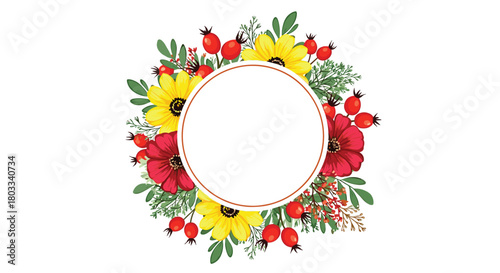 Vibrant autumn floral wreath illustration featuring yellow sunflowers, red poppies, and rosehips surrounding a blank circular frame.
