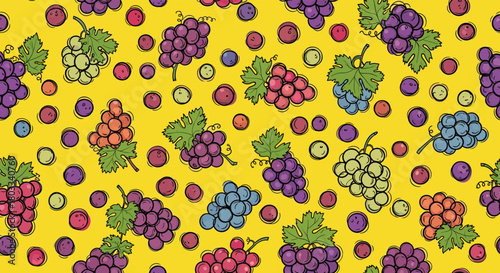 A vibrant seamless pattern features colorful hand-drawn grape bunches and scattered berries on a bright yellow background.