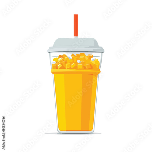 Refreshing yellow Pineapples  beverage with ice cubes in a clear plastic cup with straw, perfect for summer,