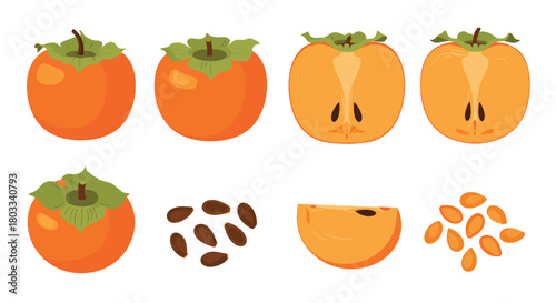 A collection of vibrant persimmons in various forms, including whole fruits, halves, slices, and seeds, presented on a white background.