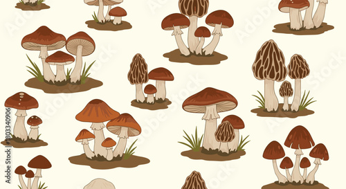 Seamless pattern with illustrated clusters of various mushrooms and morels growing on patches of dirt with grass.