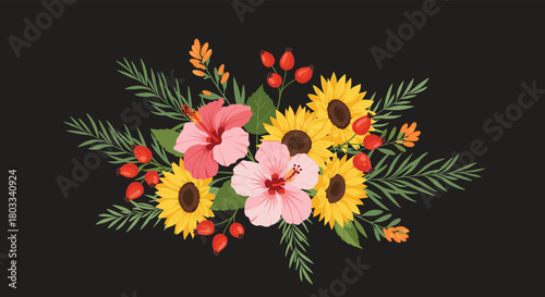 Vibrant floral arrangement with yellow sunflowers, pink hibiscus, red berries, and green foliage on a dark background.