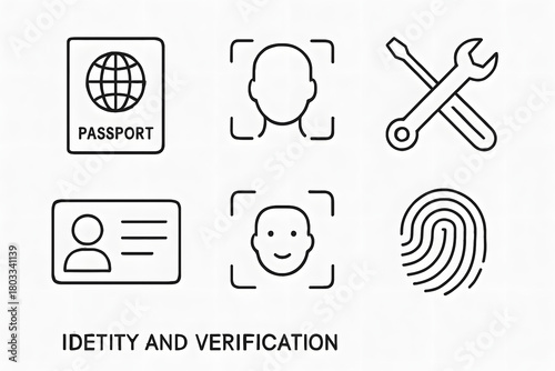 Identity and Verification Icons: A set of minimalistic icons representing crucial elements in the process of identity verification, from passports to facial recognition, and biometric authentication.
