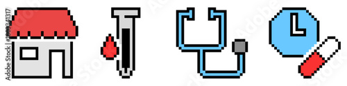 Set pixel health check up vector. Collection of 8 bit icons for medical examination, wellness, and preventative healthcare themes. Ideal for retro game assets and digital health interfaces.