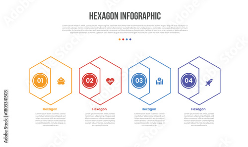hexagon base shape infographics template diagram with simple shape with half badge on side with 4 point step creative simple flat outline