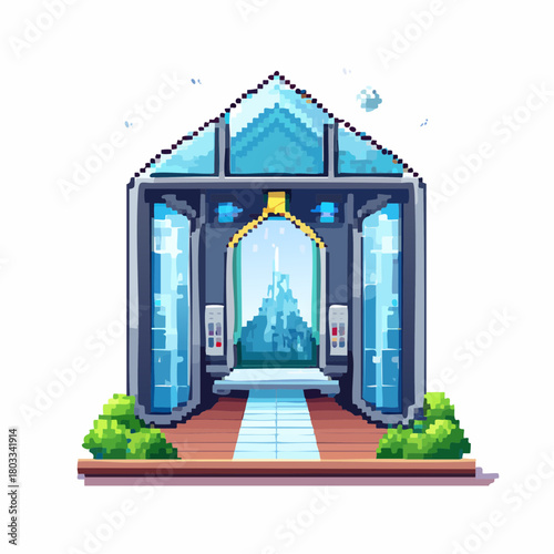 Pixel art illustration of a futuristic glass building entrance with a crystalline blue structure inside, surrounded by green bushes.