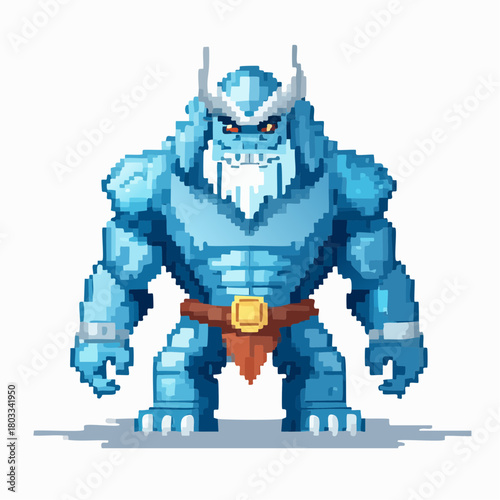 A pixel art illustration of a powerful blue ice monster with horns and a beard, standing in a strong pose.