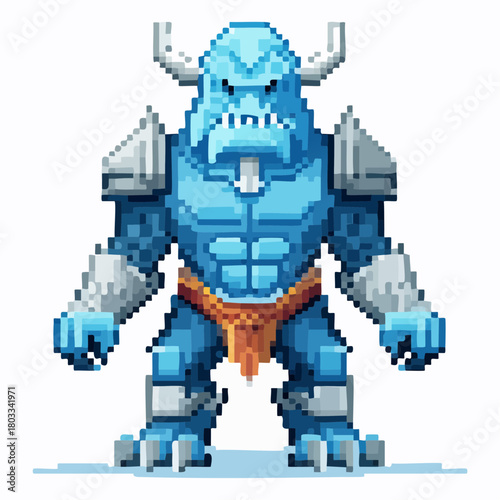 Pixel art blue ice monster with horns and armor standing menacingly.