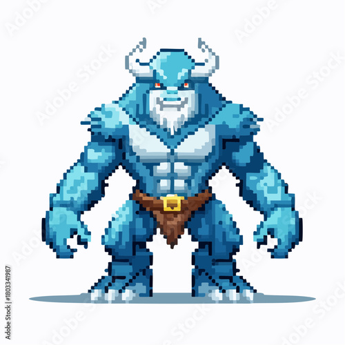 A pixel art illustration of a powerful blue ice monster with horns and a white beard, standing ready for battle.