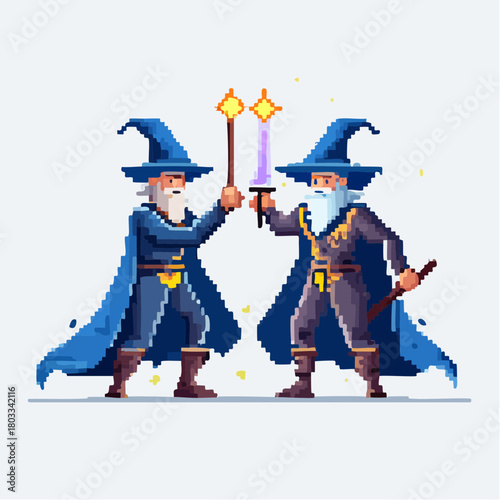 Two pixel art wizards in blue cloaks and hats facing each other, one with a staff and the other with a sword, in a magical duel.