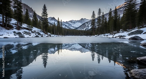 Fototapeta Naklejka Na Ścianę i Meble -  Serene winter landscape with snow covered mountains reflected in a frozen lake surrounded by pine trees