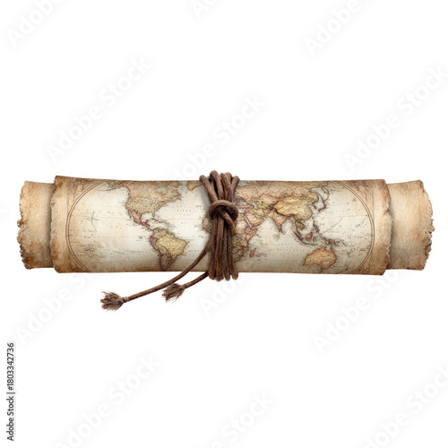 Vintage World Map Scroll Tied with Rope