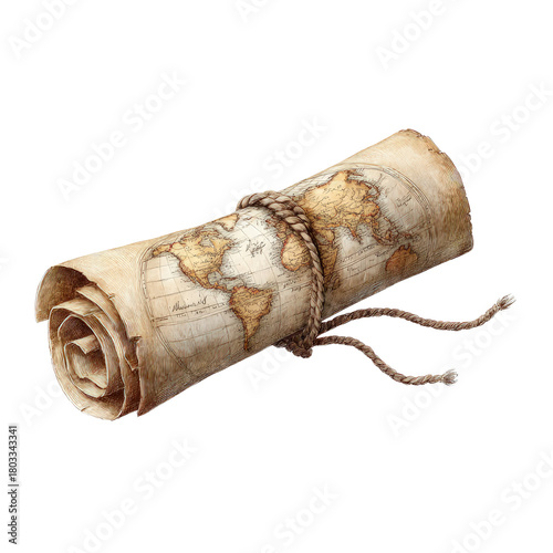 Vintage World Map Scroll with Rope