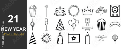 New year celebration and party event line art icon set design