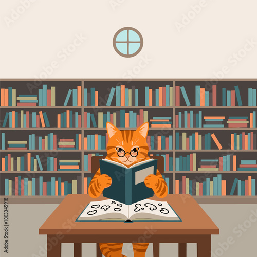 Orange tabby cat with glasses reading a book at a library desk, surrounded by full bookshelves.